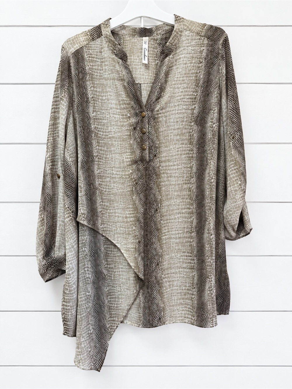 JM Collection Woman 2X Animal Print Tunic Blouse Taupe Brown Button Front